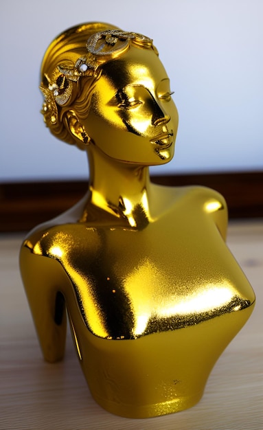 Foto una estatua dorada de una mujer con un rostro dorado se sienta sobre una mesa.