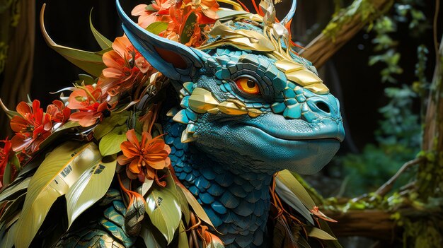 Estatua de dragón azul con flores naranjas en la cabeza IA generativa