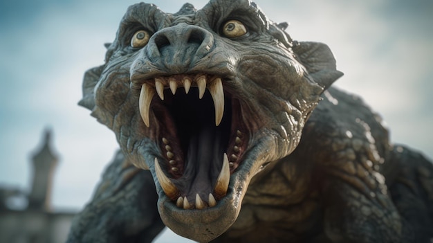 Una estatua de un dragón con una boca grande y una boca grande.