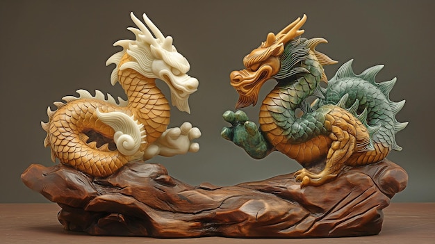 Estatua de dragón chino en madera yin y yang con jade