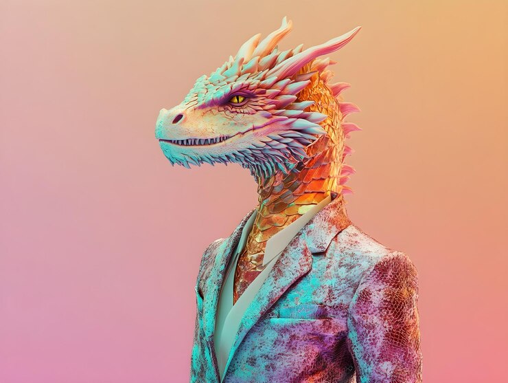 una estatua de un dragón con colores púrpura y verde