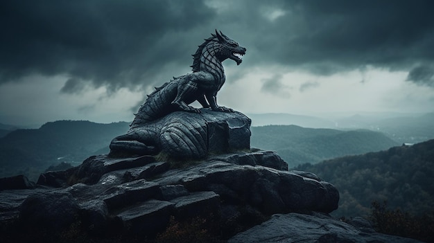 Una estatua de dragón en una montaña con un cielo oscuro en el fondo