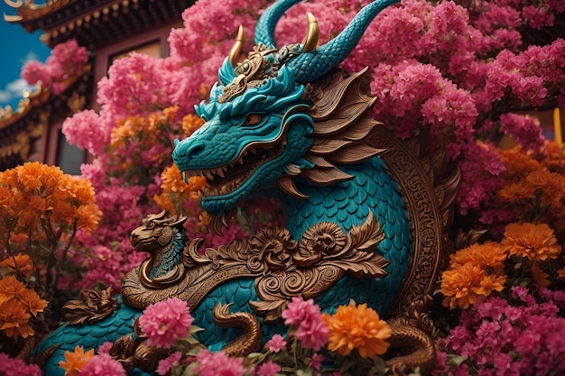 Foto una estatua de un dragón rodeado de flores