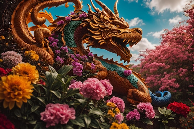 una estatua de un dragón rodeado de flores