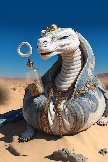 Estatua de un dragón sosteniendo una botella en el desierto ai generativo