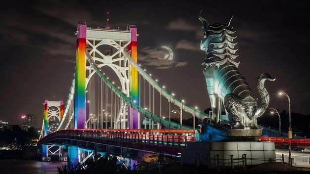 Estátua e ponte arco-íris à noite em Tóquio, Japão