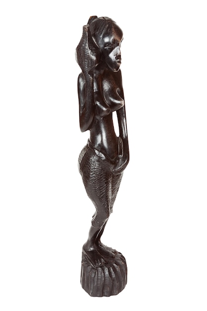 Estatua de ébano negro antiguo africano de mujer llevando agua sobre un fondo blanco.