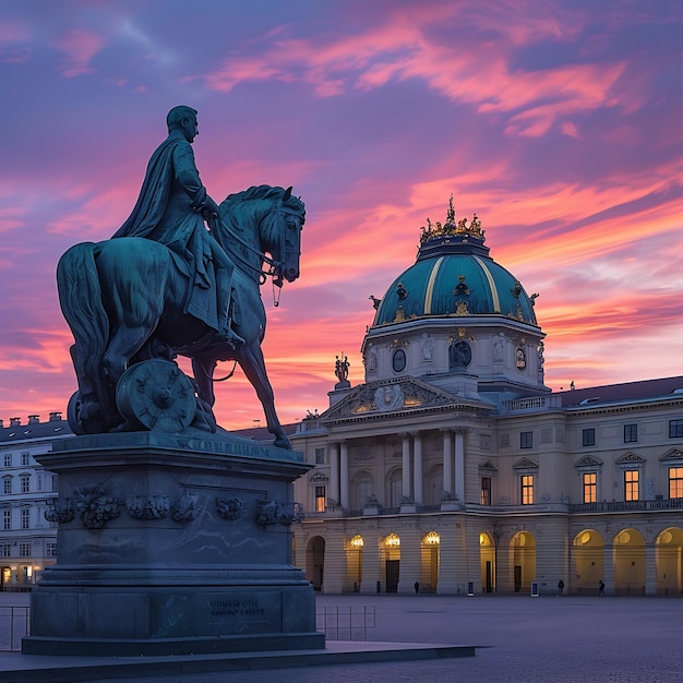 Estatua ecuestre del jinete ecuestre frente al palacio de Hofburg al atardecer