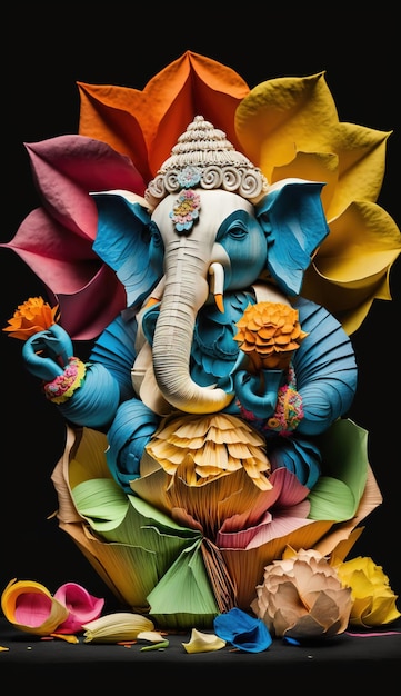 Una estatua de un elefante con flores.