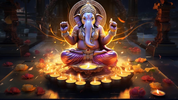 Estatua de un elefante rodeada de velas en la noche de Diwali