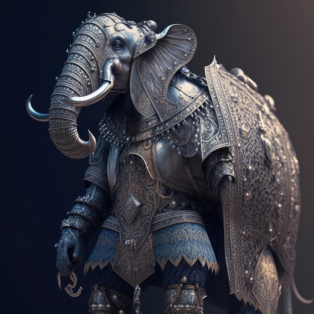 Una estatua de un elefante con un tutú y una cadena alrededor de su cuello.