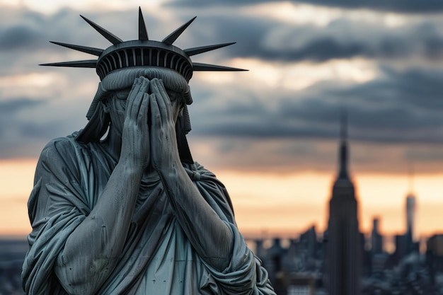 Estatua emocional de la libertad con la cabeza en las manos Estado americano de dolor y depresión