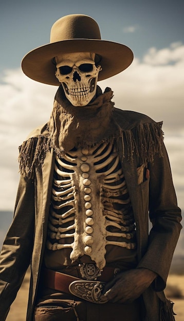 Foto una estatua de un esqueleto con un sombrero y una chaqueta con una etiqueta que dice 