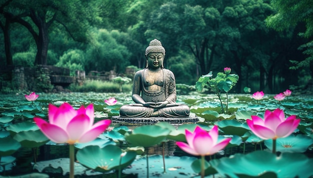 Una estatua en un estanque con flores de loto en el fondo