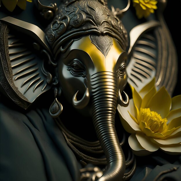 Una estatua de una estatua de un elefante dorado con una flor amarilla.