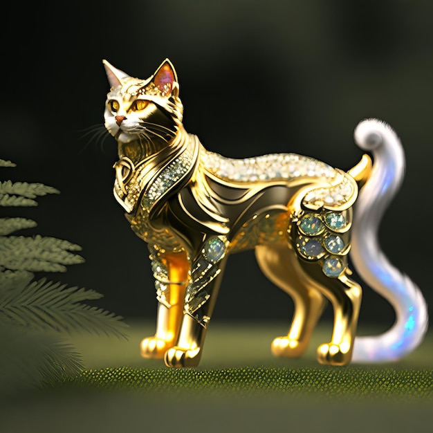 Una estatua de un gato dorado con un diamante.