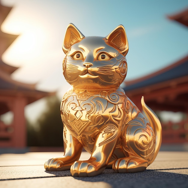 Foto estatua de gato dorado con fondo de templo borroso