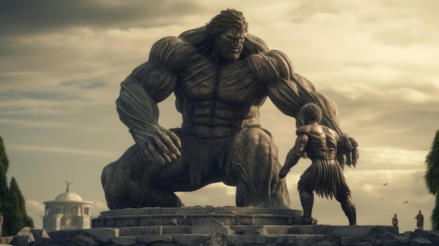 Una estatua gigante de Hulk con el título de Hulk en la parte inferior.