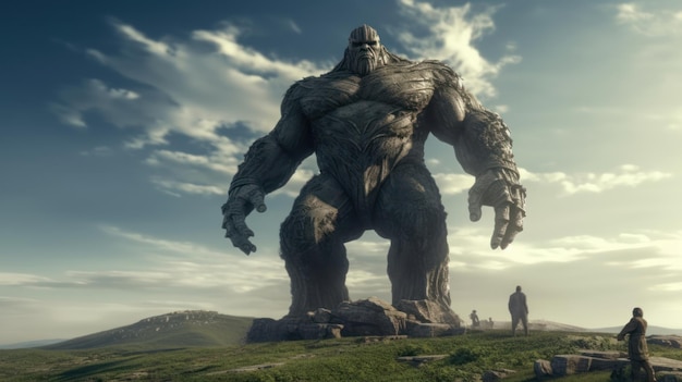 Una estatua gigante de un monstruo está de pie en la hierba.