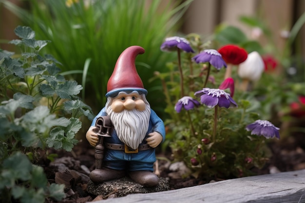 Una estatua de gnomo en un jardín con flores.