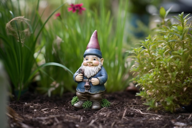 Una estatua de gnomo en el jardín con plantas y flores.