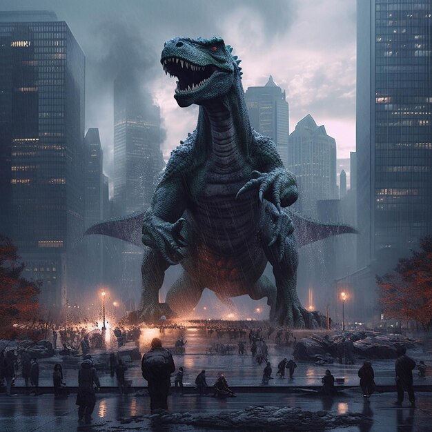 Estatua de Godzilla en una plaza de la ciudad con gente caminando ai generativo