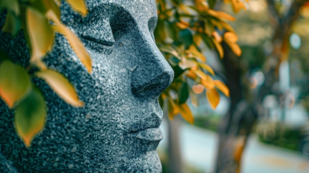 Foto estatua de granito rostro humano con emoción humana