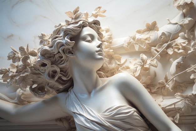 Estátua grega mulher em videira em fundo de mármore claro conceito de escultura romana antiga