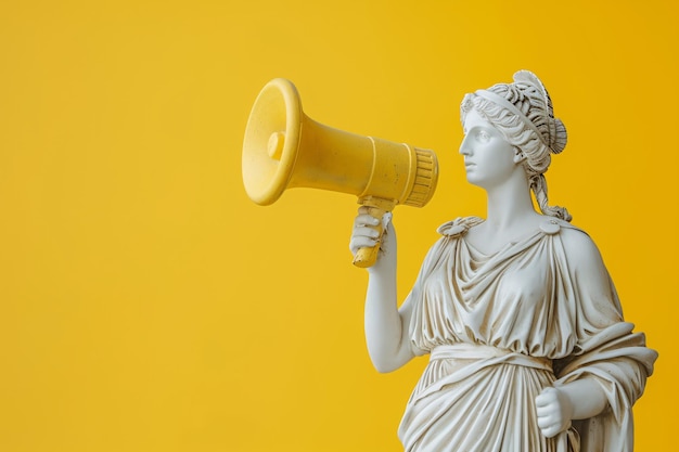 Estátua grega segurando um megafone contra fundo amarelo IA gerativa