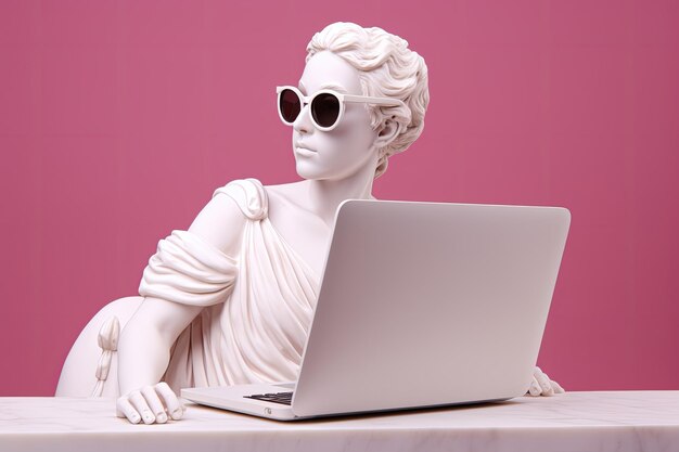 Estátua grega sorrindo usa óculos de sol programando no laptop