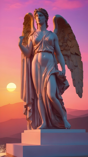 Estatua griega por la noche con vista al cielo rosa