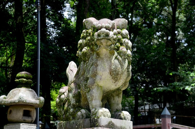 Estatua del guardián del león en el Santuario Kasuga en Nara Japón