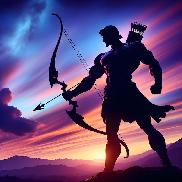 una estatua de un guerrero con una espada en el cielo al atardecer