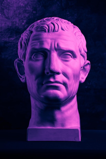 Estatua de Guy Julius Caesar Octavian Augustus. Imagen de neón colorido del concepto creativo con la cabeza de la escultura romana antigua Guy Julius Caesar Octavian Augustus. Cyberpunk, vaporwave y estilo artístico surrealista.