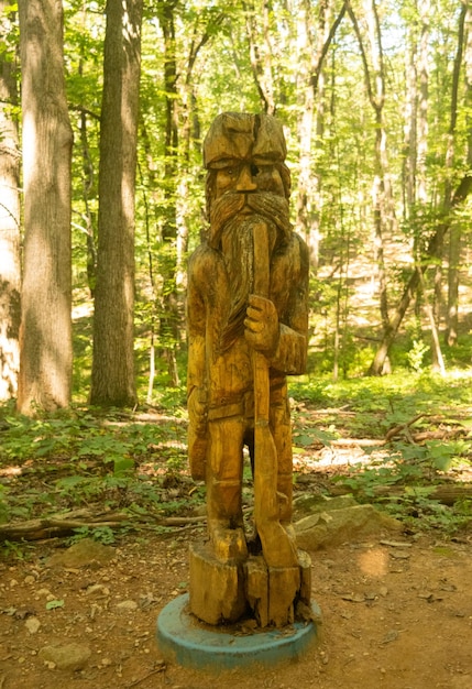 Una estatua hecha de madera está sentada en el suelo en el bosque