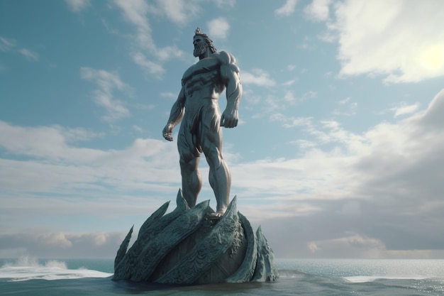 Una estatua de Hércules se alza sobre una roca en el océano.