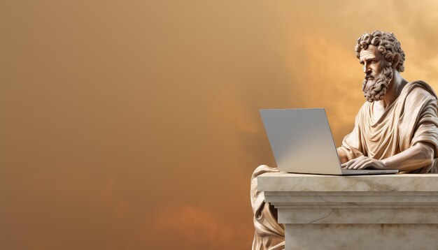 Estatua de un hombre antiguo con computadora portátil