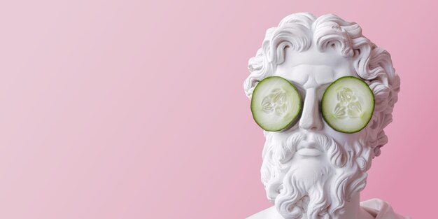 Foto estatua de un hombre antiguo con rebanadas de pepino sobre sus ojos concepto de belleza masculina