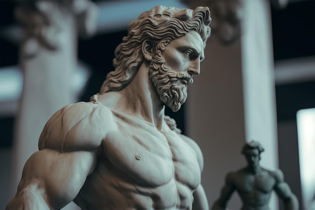 Una estatua de un hombre con barba y barba se encuentra frente a una ventana.