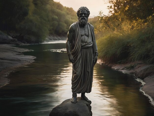 una estatua de un hombre con barba está en una roca frente a un río