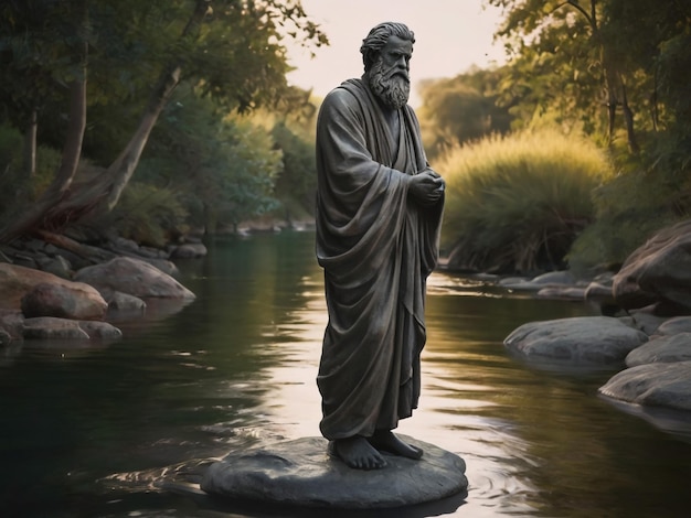 Foto una estatua de un hombre con barba está en una roca en el agua