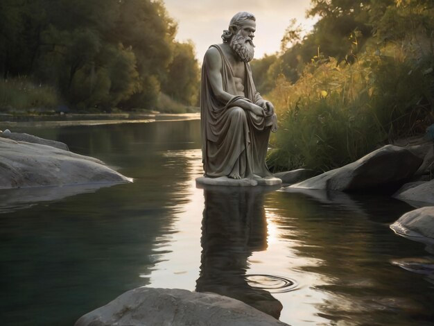 Foto una estatua de un hombre con barba se sienta en una roca frente a un río