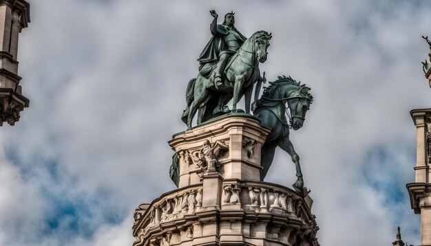Foto una estatua de un hombre en un caballo está en frente de un edificio con un cielo nublado detrás de él