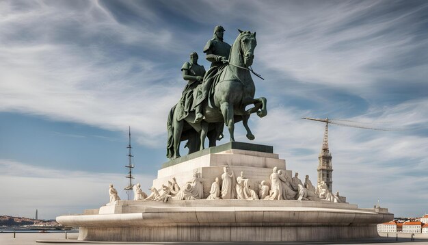 Foto una estatua de un hombre en un caballo está en frente de una estatura de un hombre a caballo