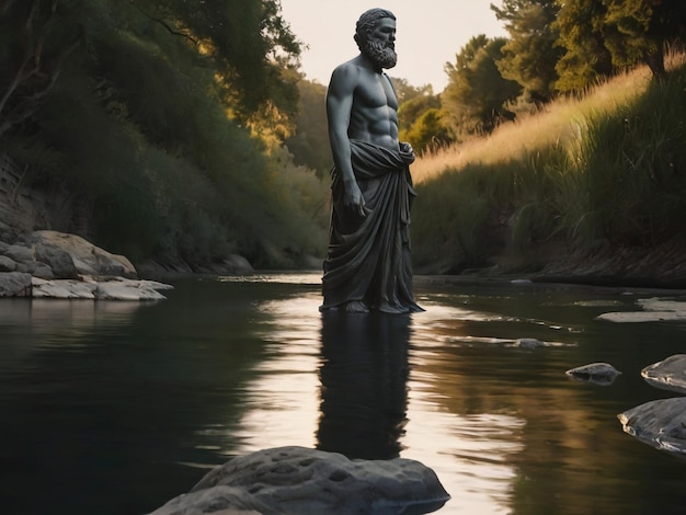 una estatua de un hombre en un cuerpo de agua con el sol detrás de él