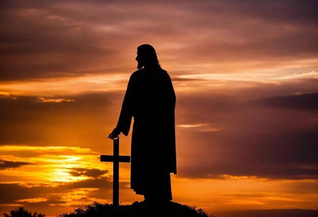 una estatua de un hombre está de pie frente a una puesta de sol