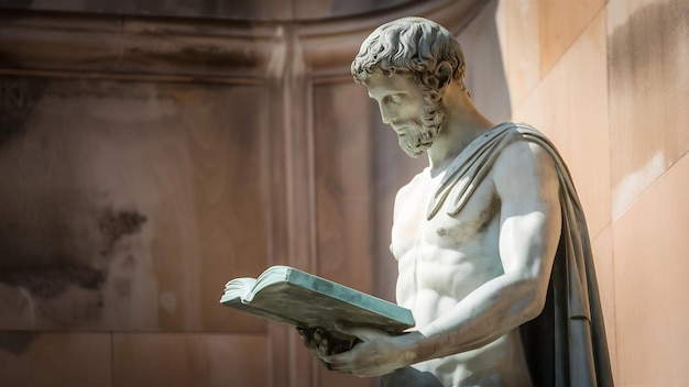 Una estatua de un hombre griego leyendo un libro