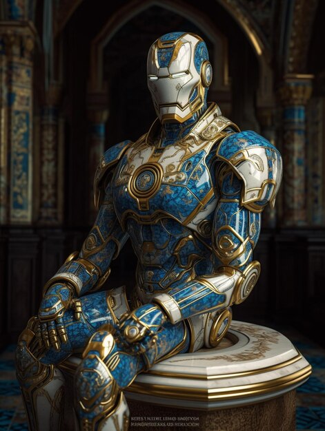 Una estatua de hombre de hierro azul y dorado se sienta en una mesa.