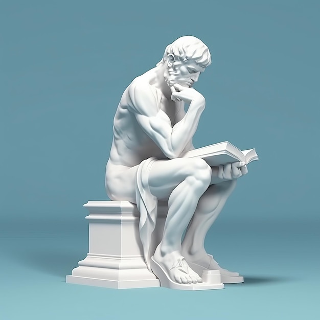 Una estatua de un hombre leyendo un libro con un fondo azul.