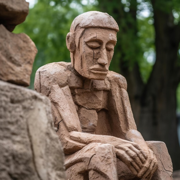 Una estatua de un hombre se sienta frente a los árboles.